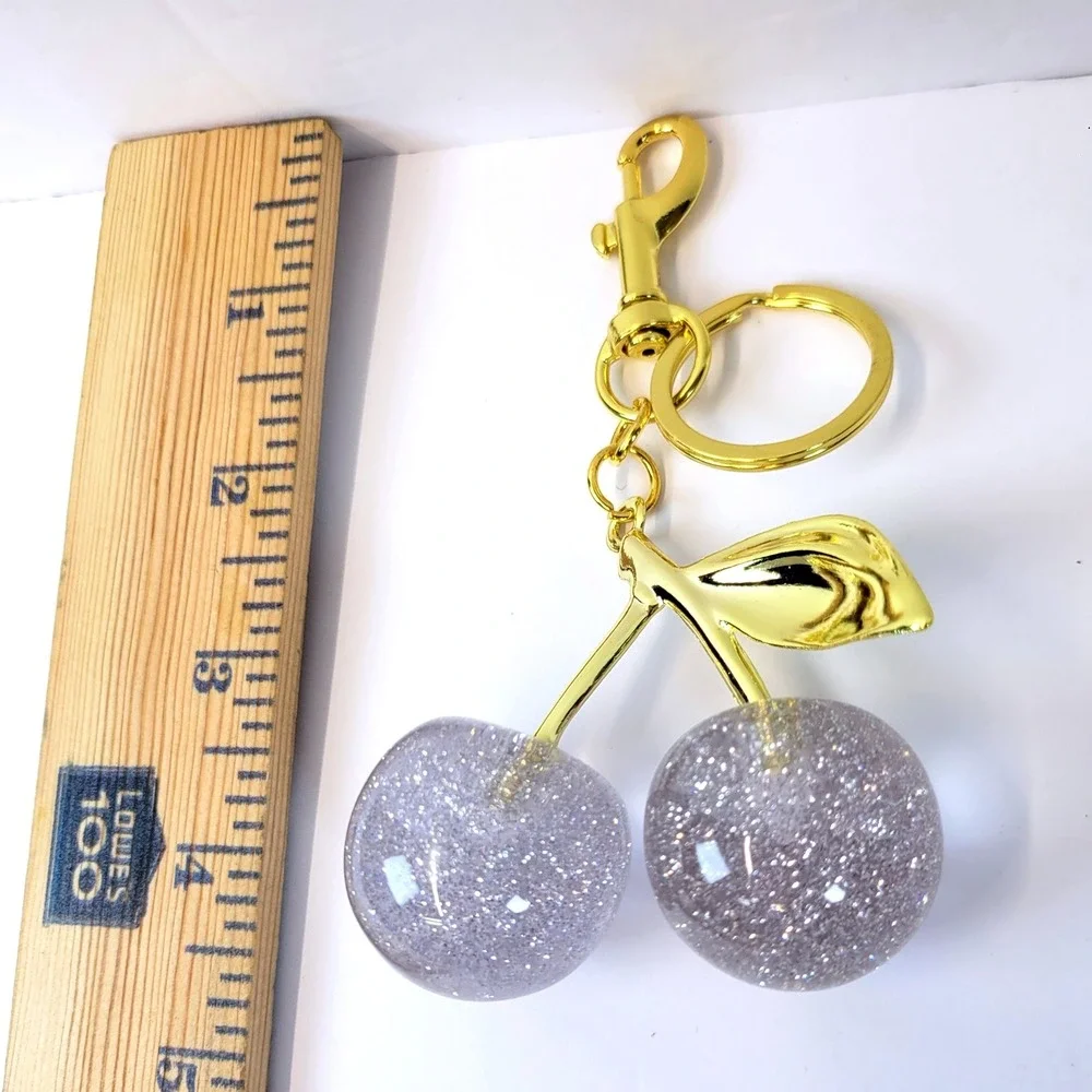 Cherry Keychain Glitter Resin Bag Charm White Gold Women Playful Whimsical NEW